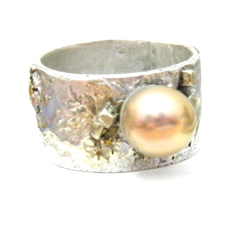 Fused Silver and Gold Ring with Pearl